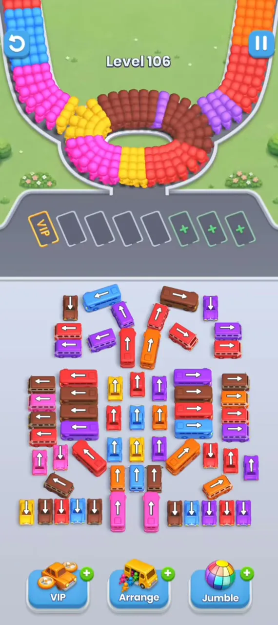 Bus Fever Party level 106: two tall stacks, optional two garages