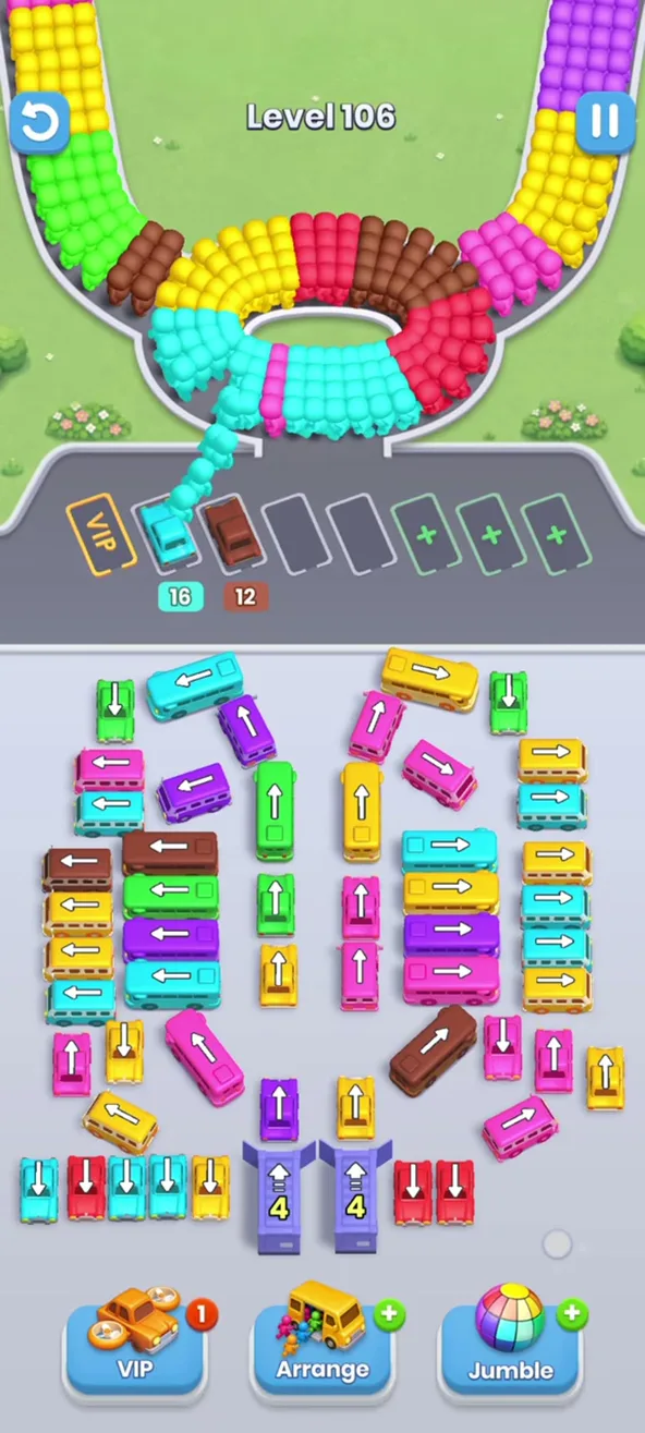 Bus Fever Party level 106 at the start: dozens of buses with white arrows in rows above two purple garages with counters 4 and 4, a ring of passengers at the top and the VIP, Arrange and Jumble buttons