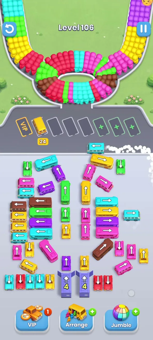 Buses with 16 and 12 parked, a bus leaving at the right edge, both stacks untouched