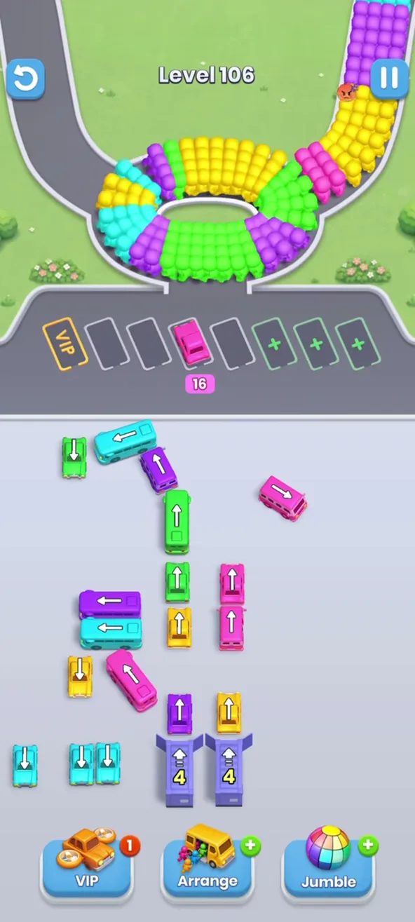 A single bus with 4 parked, left stack shorter, garages at 4
