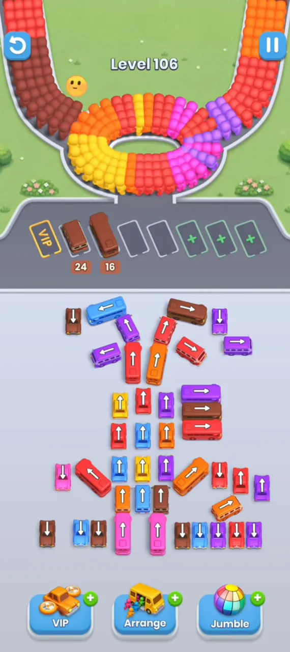 Two long buses parked with 24 and 16, left stack partly gone