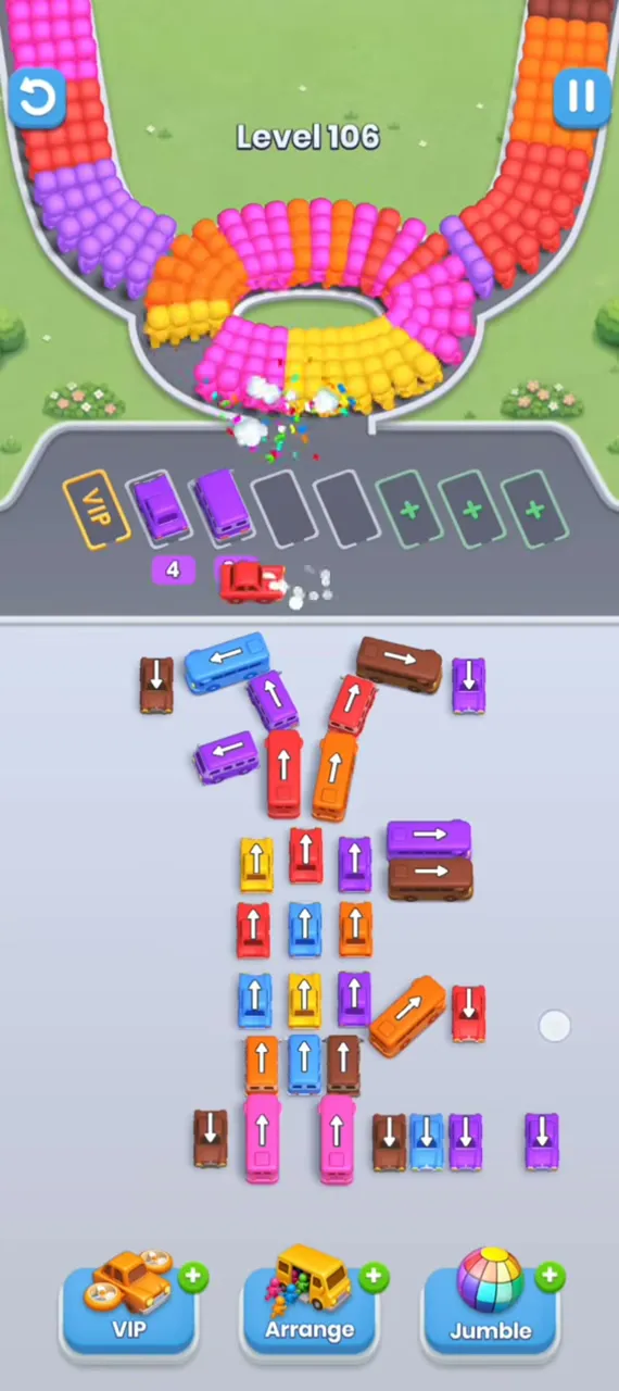 A small bus with 4 parked, left stack mostly gone, right stack still full