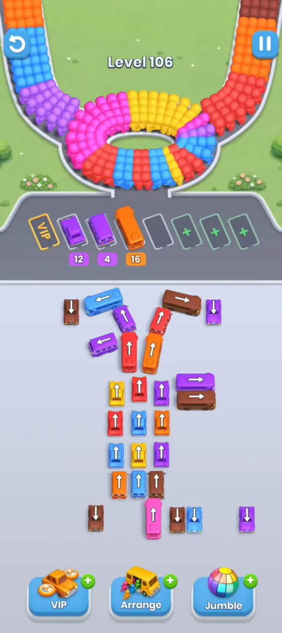Three buses parked with 12, 4 and 16, right stack down to a few buses