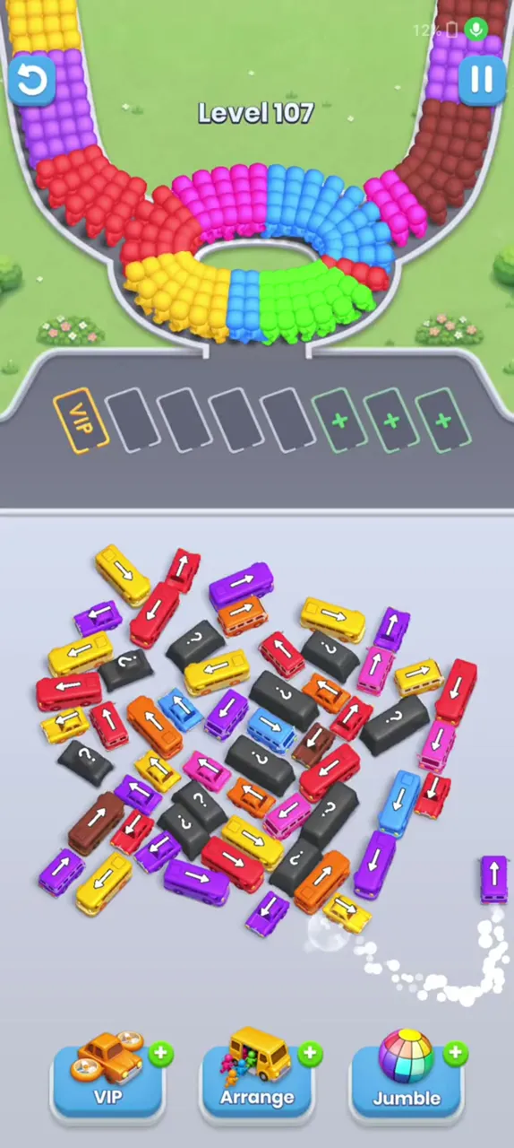 Bus Fever Party level 107: two layouts: dark-bus heap or three-part lot