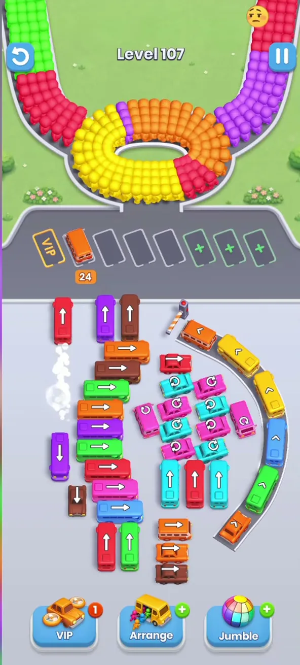 Bus Fever Party level 107 three-part layout: a tall stack of horizontal buses on the left, curved-arrow buses in the center, a bent lane of buses at the right with a barrier at the top