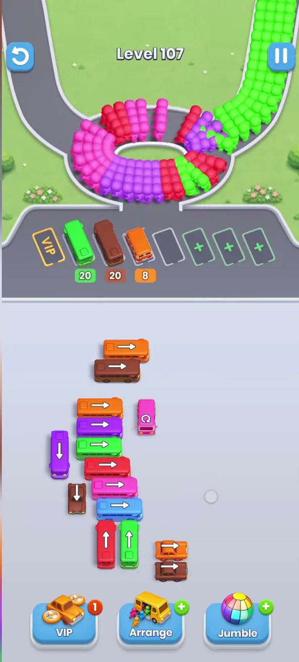 Center block gone, stack on the left and upright buses at the bottom remain, buses with 32 and 20 parked