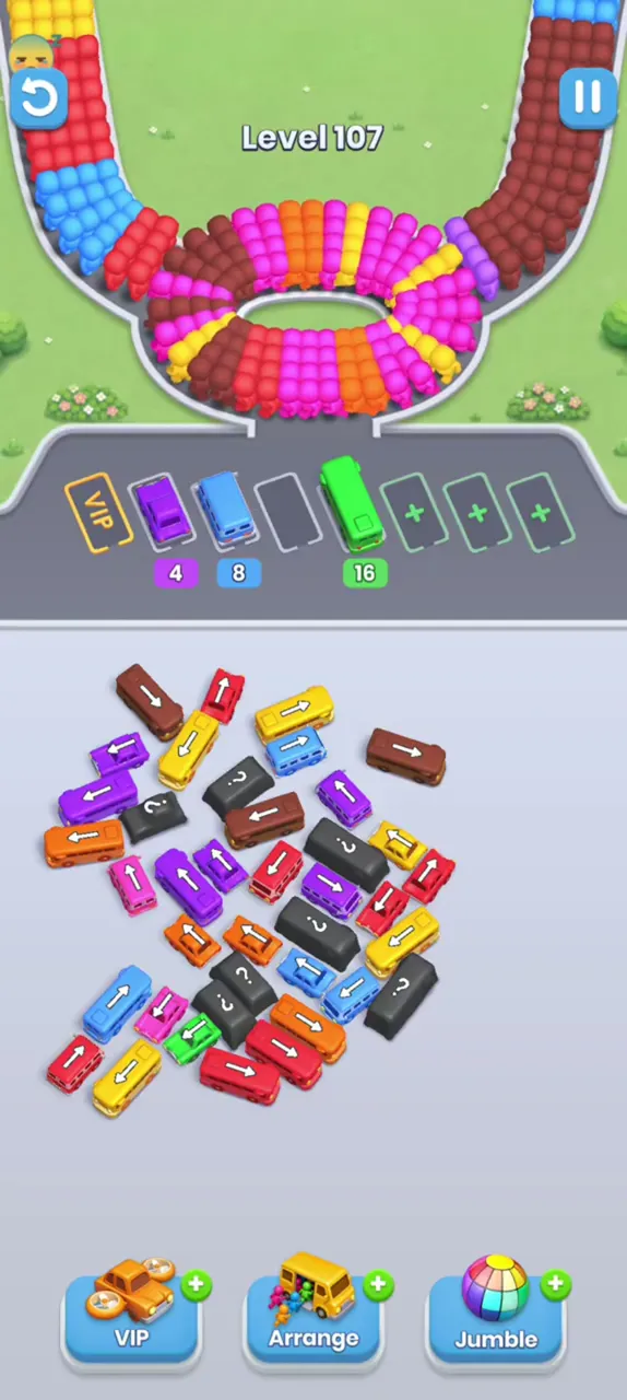 Buses with 4, 8 and 16 parked, the outer ring of the heap thinner