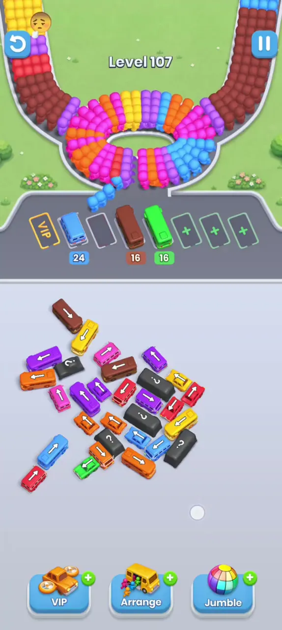 Dark question-mark buses in the middle of the heap, buses with 24, 16 and 16 parked