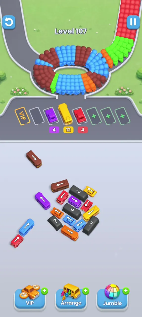 Dark buses in a small cluster in the center, buses with 4, 12 and 4 parked