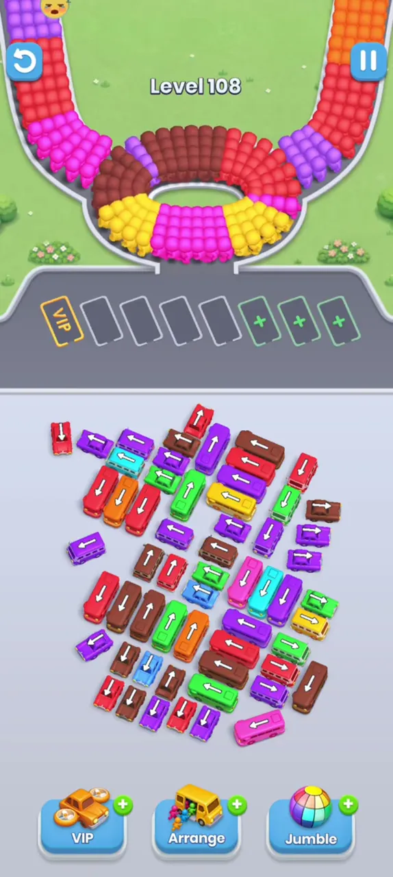 Bus Fever Party level 108: two layouts: tilted block or garage grid