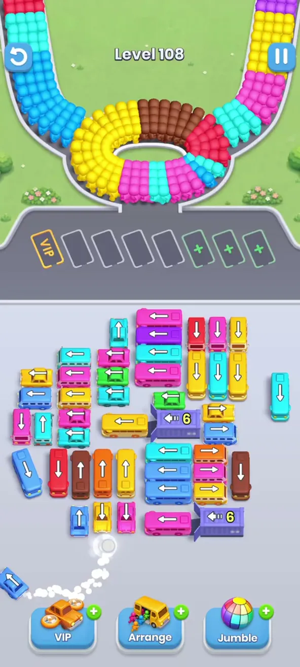 Bus Fever Party level 108 grid layout: straight rows of buses, two purple garages marked 6 lying sideways, upright columns at the top right and long upright buses at the lower left
