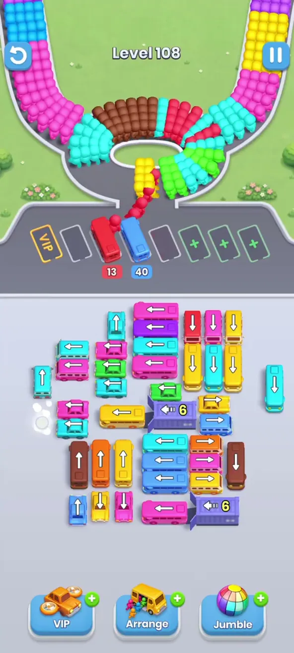 Buses with 13 and 40 parked, a bus driving off at the lower left of the grid