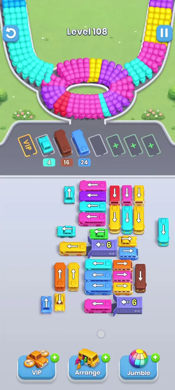 Buses with 4, 16 and 24 parked, rows at the upper left still in place