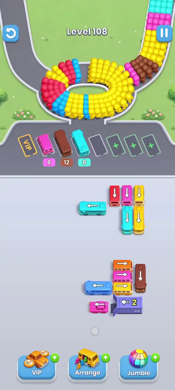 Top right columns intact, garage counters at 2, buses with 8, 12 and 8 parked