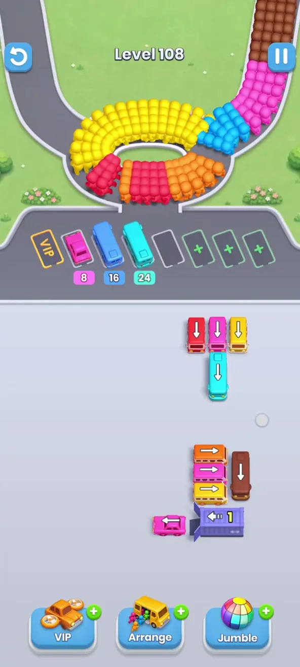 Last groups at the top right and the lower right, garage counter at 1, three buses parked