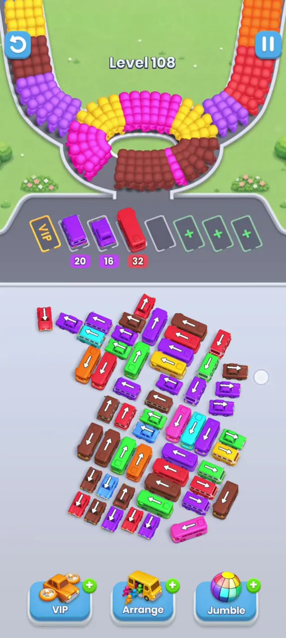 Three buses parked with 20, 16 and 32, the loose bus at the top left gone