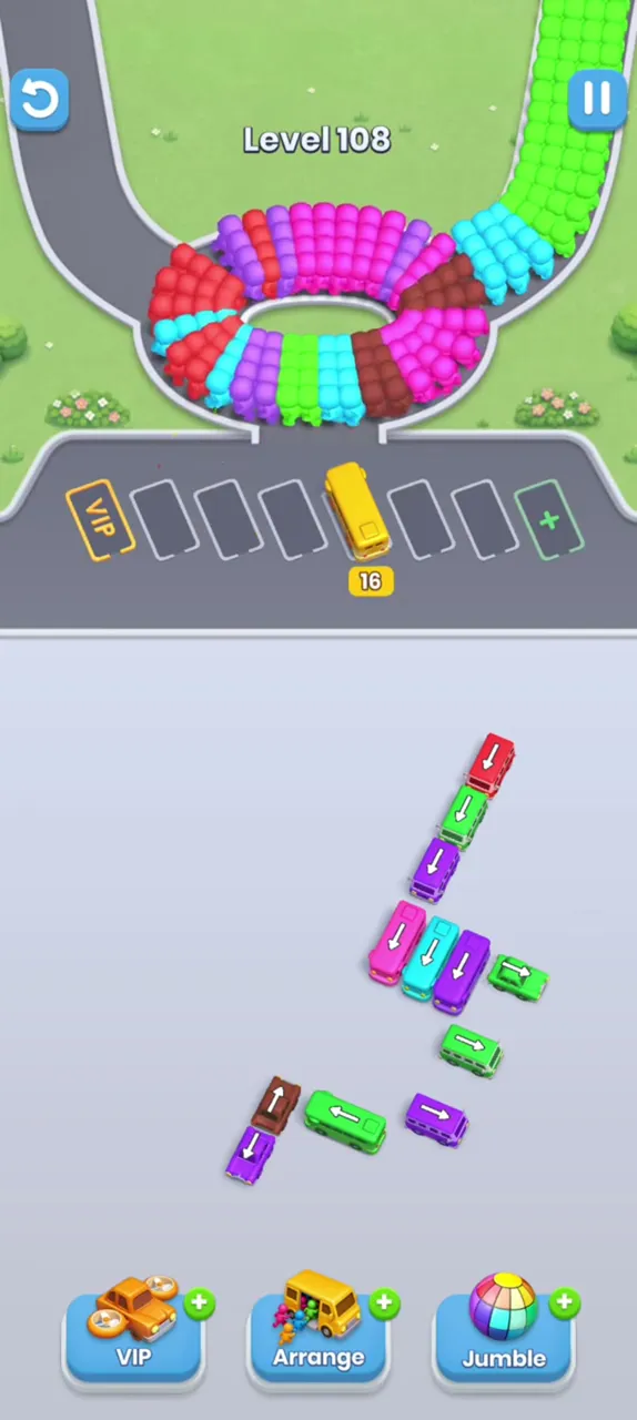 A few buses along a diagonal line, one bus with 16 parked