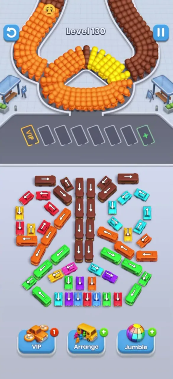 Bus Fever Party level 130: two layouts: column scatter or belt block