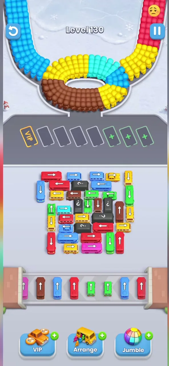 Bus Fever Party level 130 block layout: about forty-five buses with dark question-mark buses in the middle, a belt with small upright buses between two brick posts below
