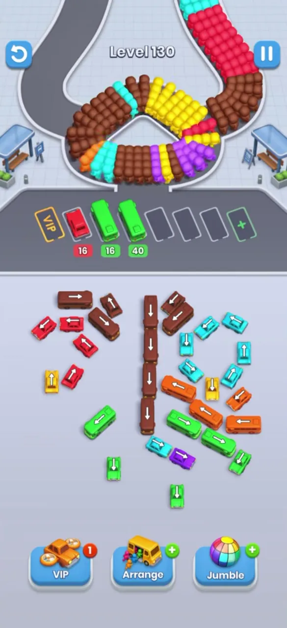 Buses with 16, 16 and 40 parked, ring of buses on the right opening
