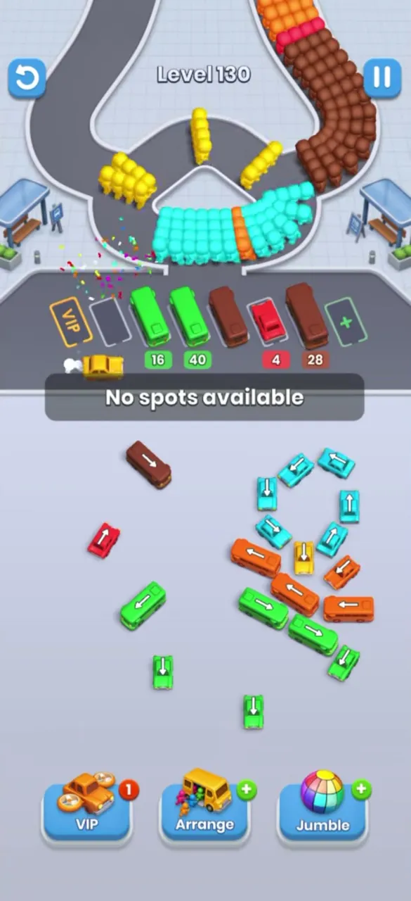 Full waiting row with buses carrying 16, 40, 4 and 28, the message No spots available above the lot
