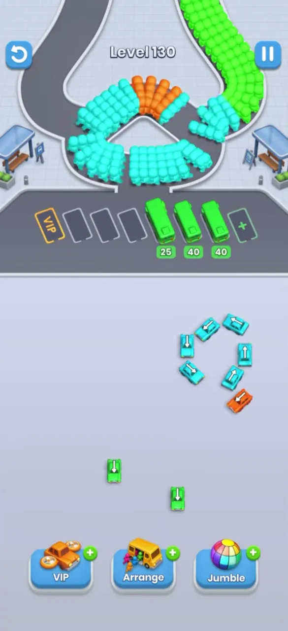 Only the ring of buses on the right and a few small buses left, buses with 25, 40 and 40 parked