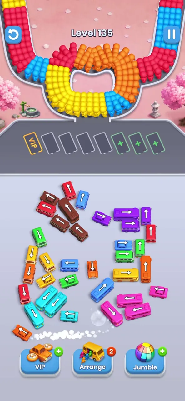 Bus Fever Party level 135: two layouts: loose scatter or dark diagonal band
