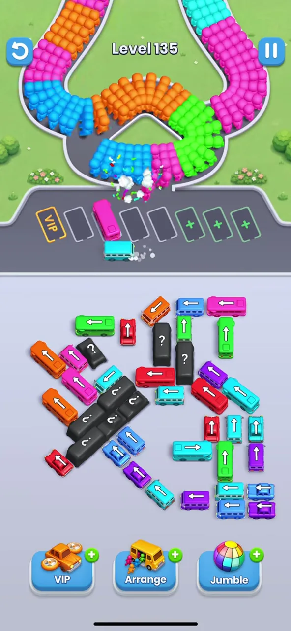 Bus Fever Party level 135 diagonal layout: a band of dark question-mark buses from the upper middle to the left, upright buses on the right, empty waiting row