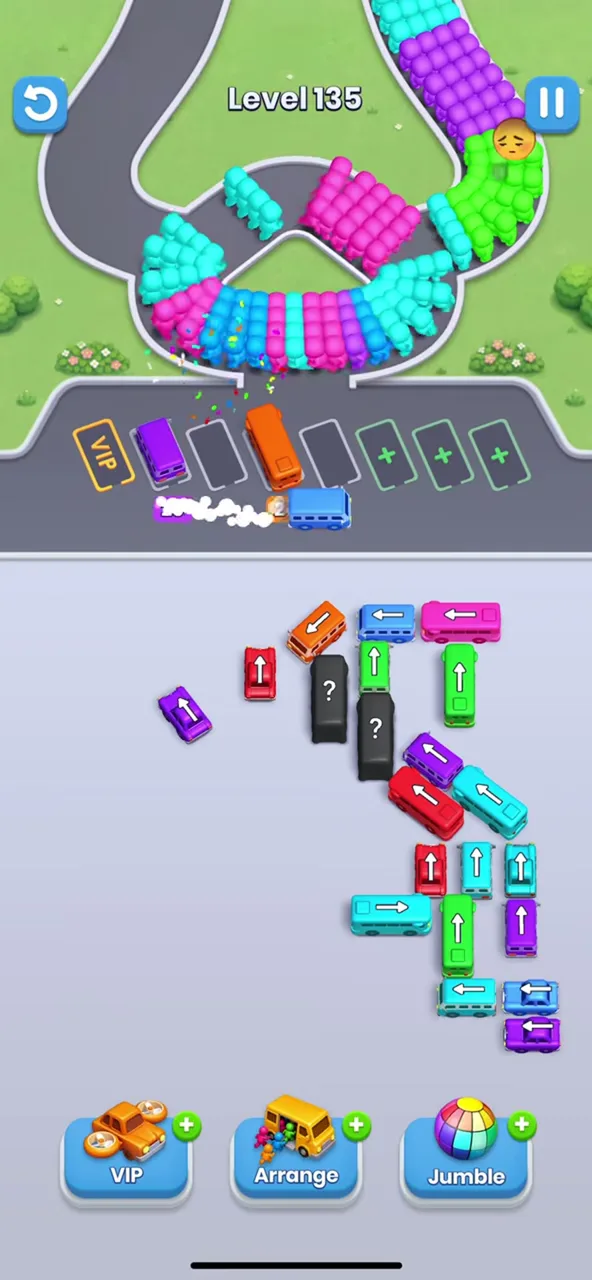 Two dark buses upright in the middle next to the right-hand block, a lone bus on the left