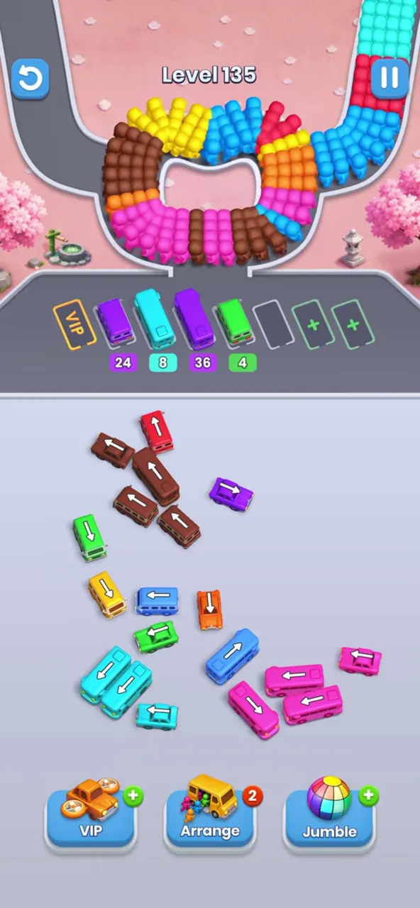 Parked buses with 24, 8, 36 and 4, yellow and cyan buses still on the left, two pink buses at the bottom right