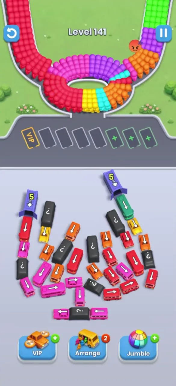 Bus Fever Party level 141: two layouts: garages or arch of long buses