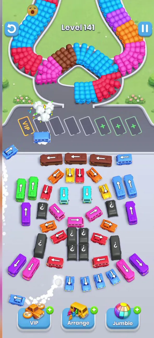 Bus Fever Party level 141 arch layout: three long buses across the top, rows of short buses below, dark question-mark buses in the middle, empty waiting row