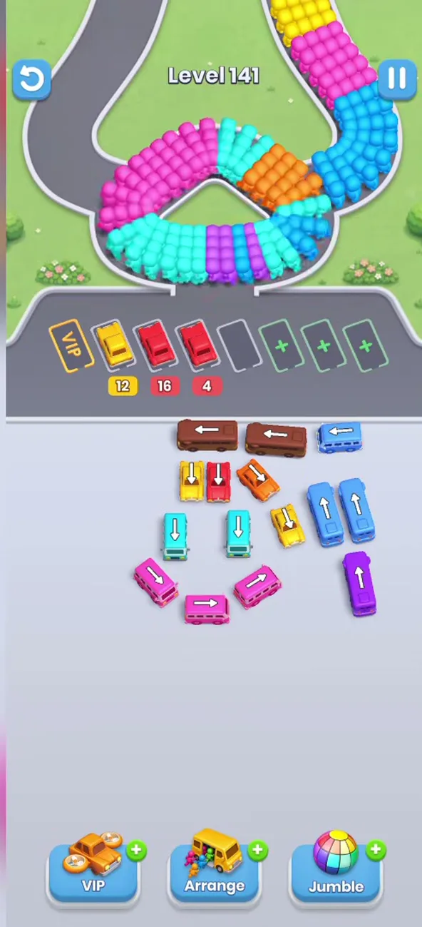 Three buses parked, a few short buses and two upright buses on the right below the top row