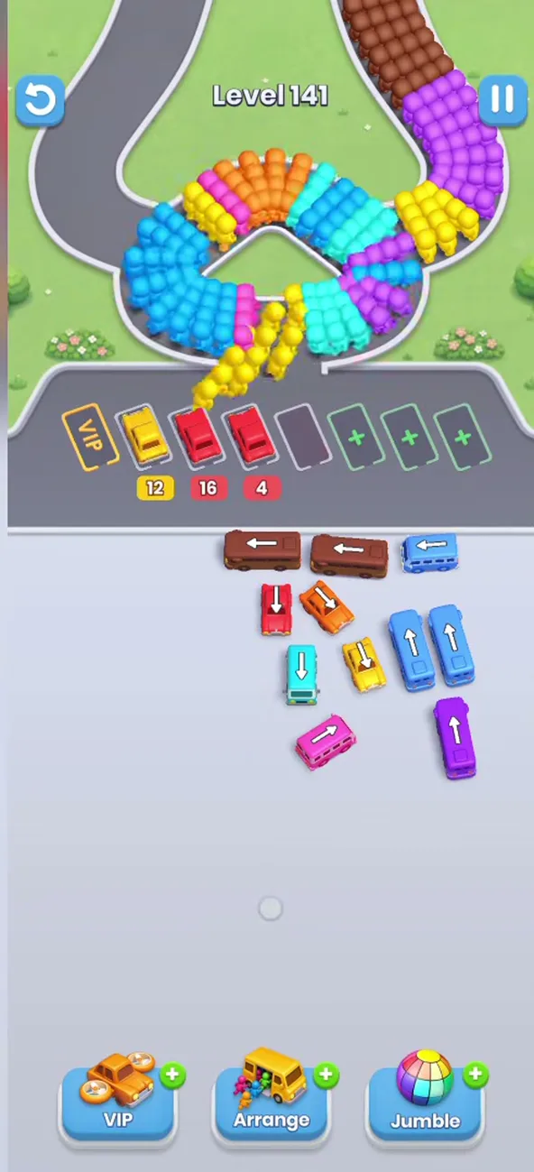 Three buses parked, two long buses and one short bus across the top, a loose arc of short buses below