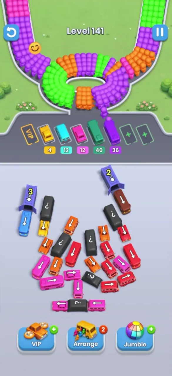 Five buses parked with 4, 12, 12, 40 and 36, garage counters at 3 and 2