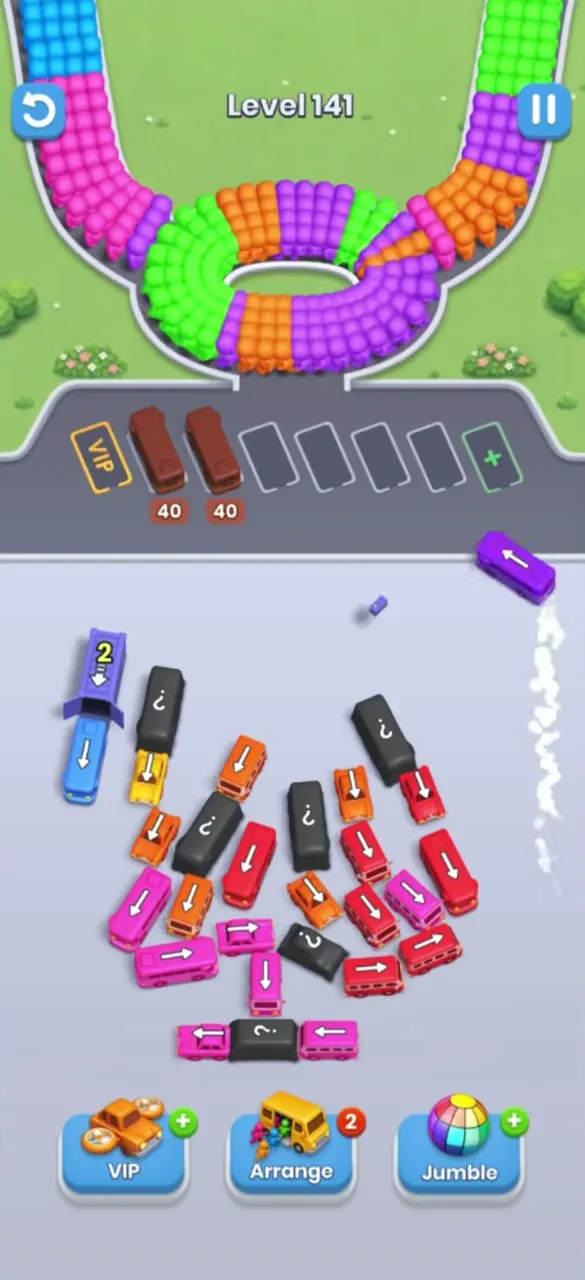 Two long buses parked with 40 each, a bus flying off at the upper right, left garage at 2