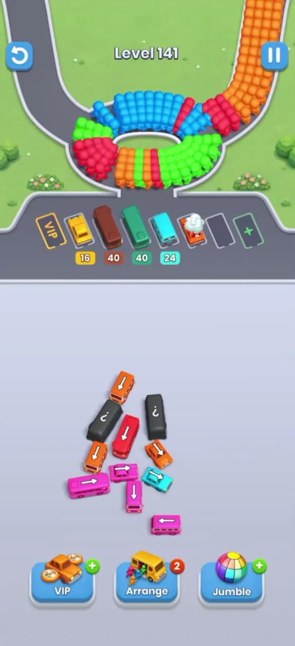 Four buses parked with 16, 40, 40 and 24, a small heap of buses left in the middle