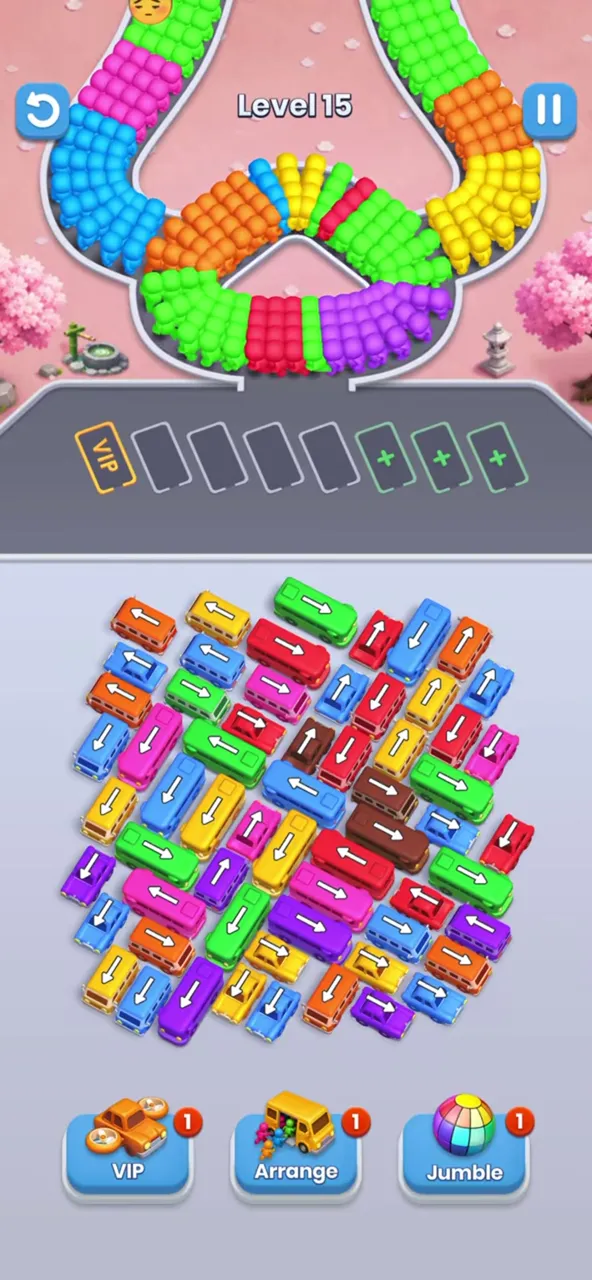 Bus Fever Party level 15: about 50 buses, tilted block
