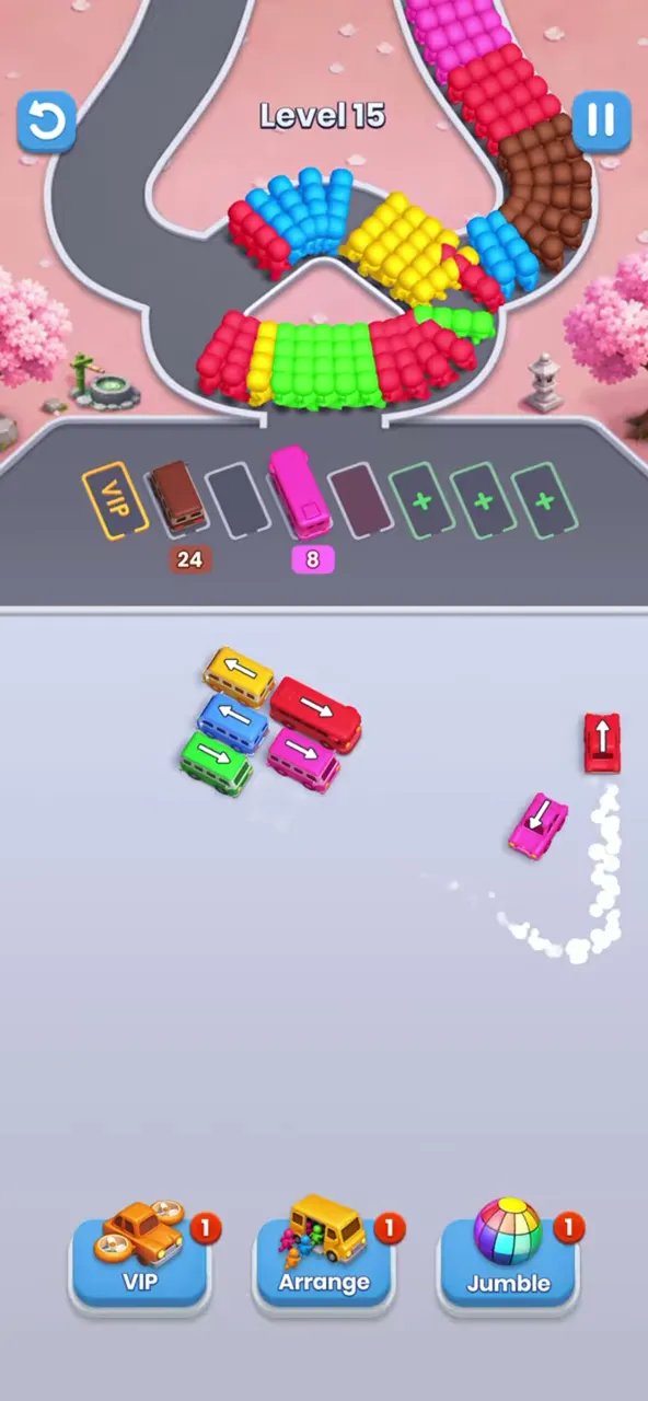 End of level 15: two parked buses and a few last buses in the upper left and at the right edge