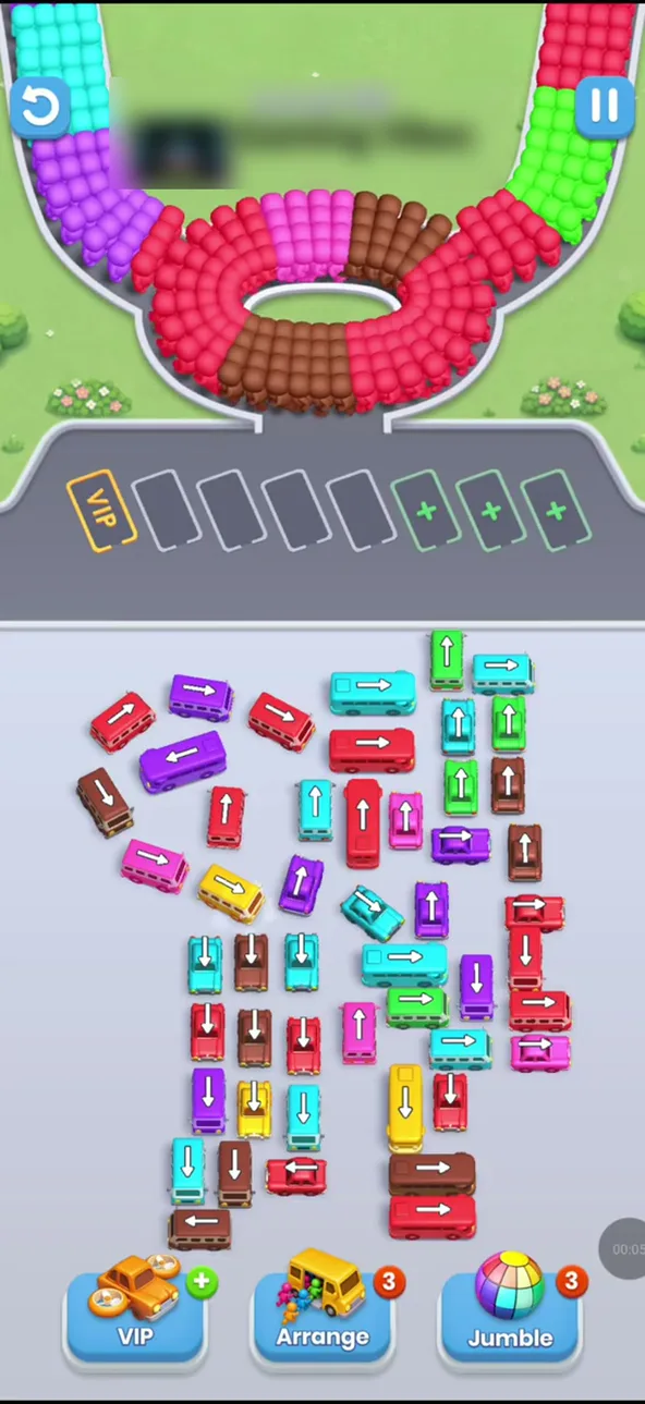 Bus Fever Party level 151 tree layout: a crown of angled buses at the top left, a trunk of upright buses in columns, long buses at the bottom, empty waiting row