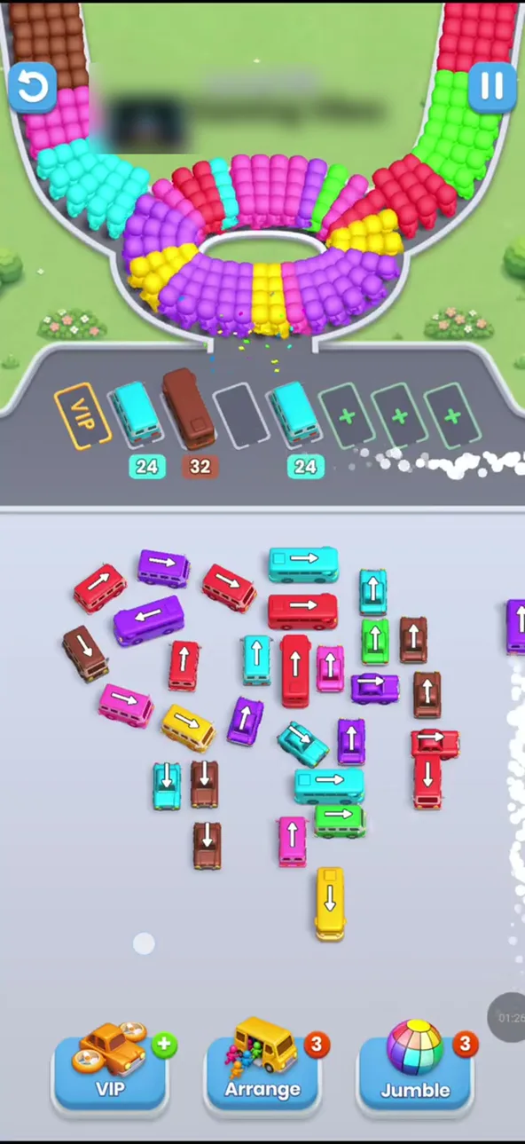 Three buses parked with 24, 32 and 24, the right side of the trunk thinning