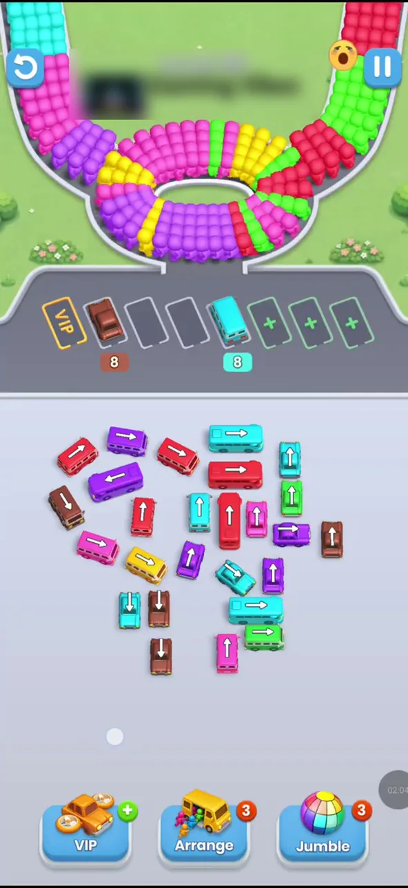 Two buses parked with 8 each, the columns of the trunk shorter, the bottom long buses gone