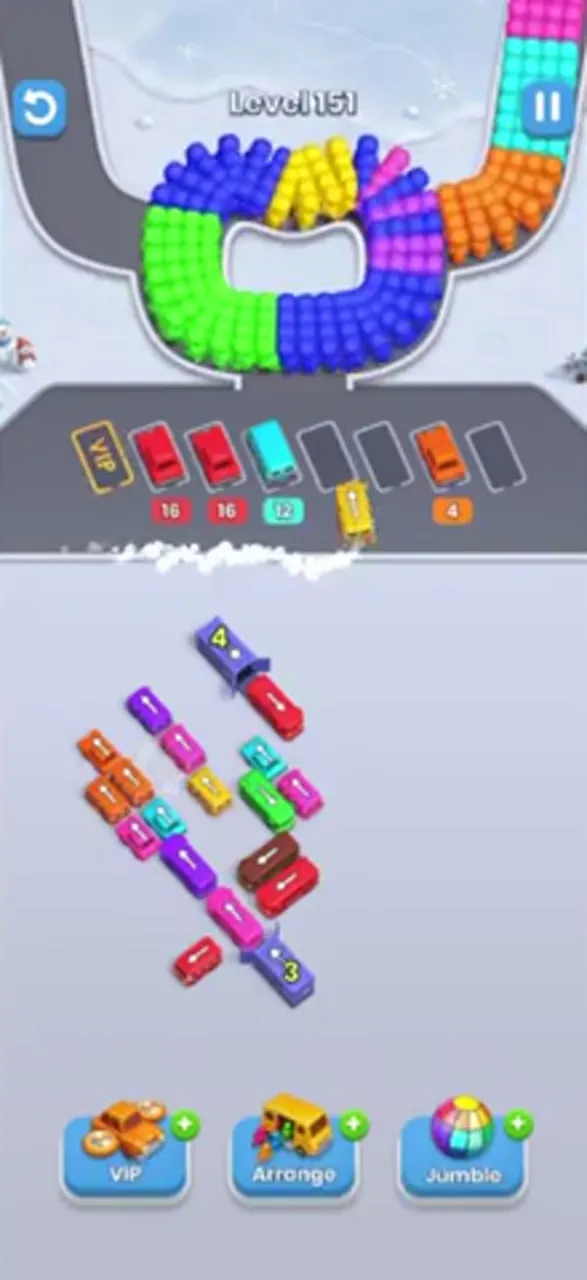 Four buses parked with 16, 16, 12 and 4, the bottom garage at 3, a bus arriving at the right