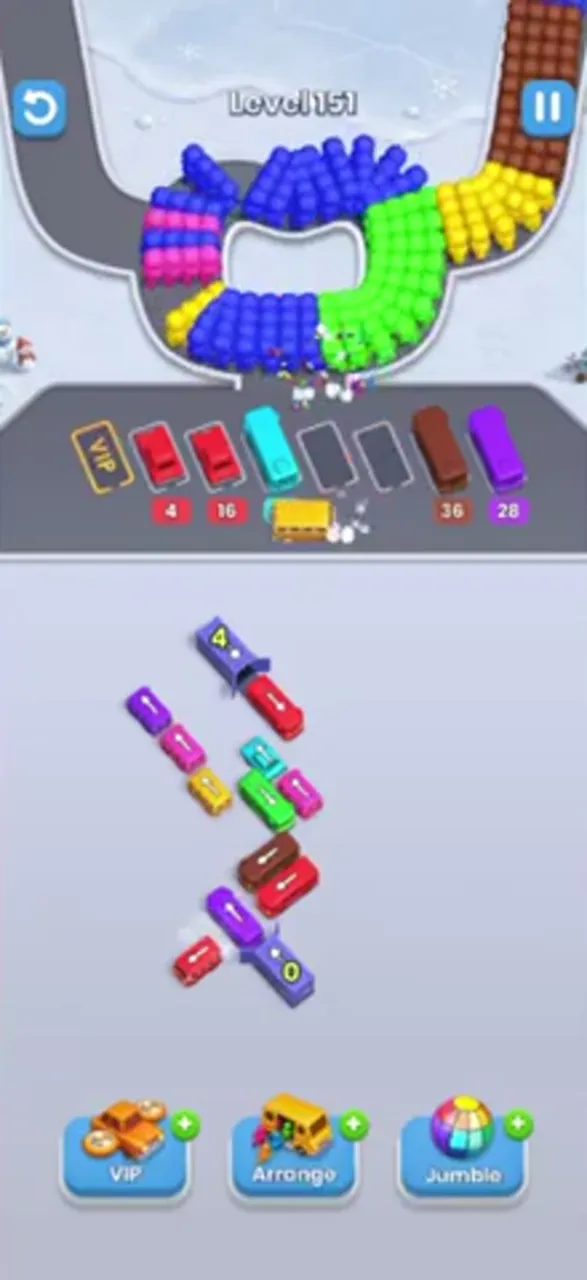 Five buses parked including 36 and 28, the bottom garage at 0, about ten buses left