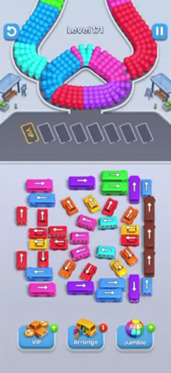 Bus Fever Party level 171: two layouts: wide lot or tall tree
