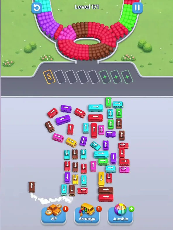 Bus Fever Party level 171 tall tree layout: a crown of buses at the top left, columns of upright and short buses below, one bus driving out at the bottom left