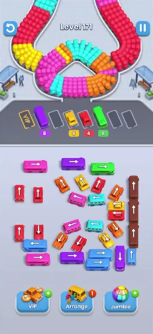 Four buses parked, the small buses in the middle spreading out