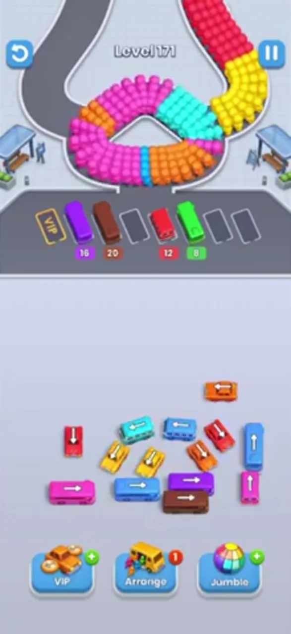 Four buses parked, the right column gone, about twenty buses left
