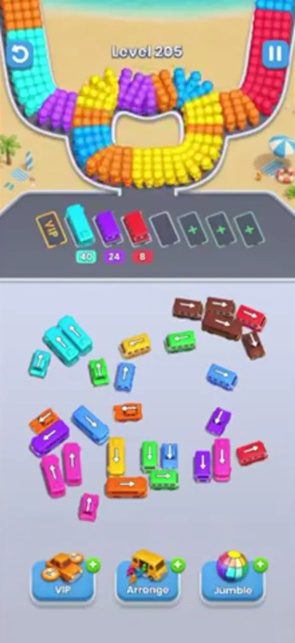 Level 205 with three buses parked in the waiting row and the top left pile thinner