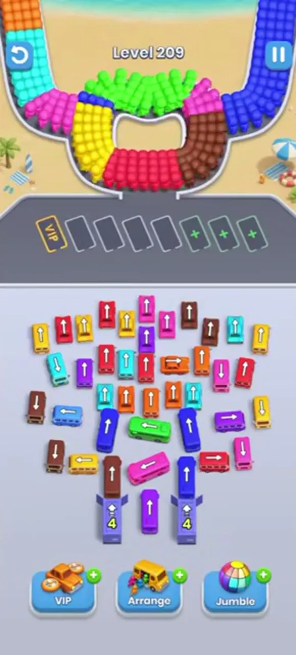 Bus Fever Party level 209: three garages, packed crown